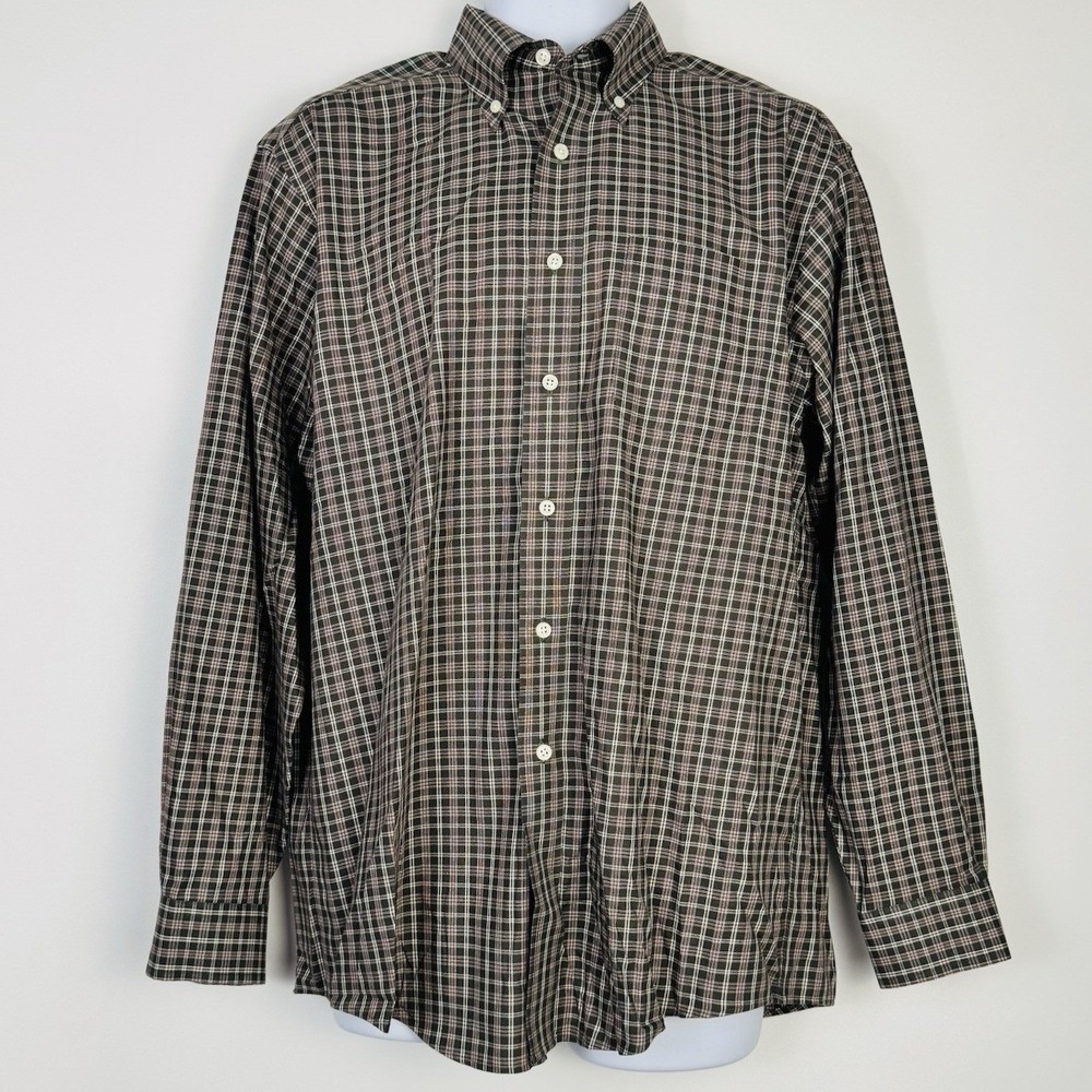L.L.Bean Button Down Mens M Green Plaid Long Sleeve Wrinkle Resistant Cotton
